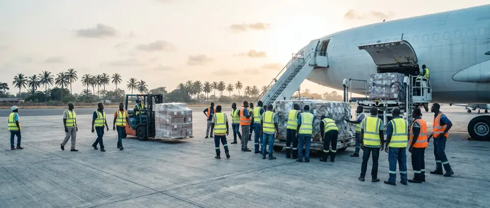 Manutentionnaires déchargeant des palettes de colis d'un avion cargo sur un aéroport tropical
