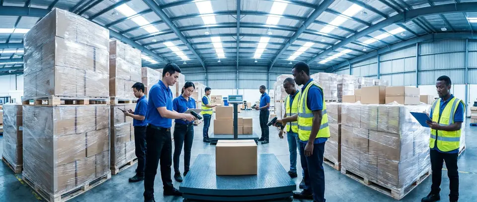 Agents d'entrepôt pesant des cartons sur une balance et scannant les colis au milieu de palettes filmées
