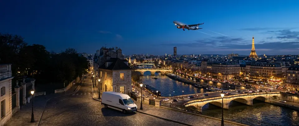 Camionnette de livraison sur les quais de la Seine à Paris, de nuit